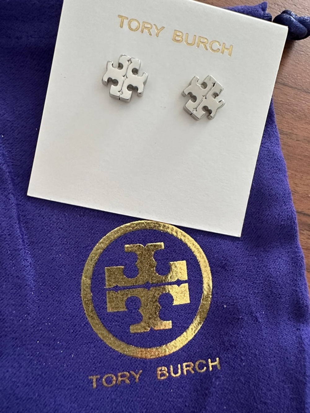 Tory Burch Silver Double-T Logo Stud Earrings with Purple Pouch